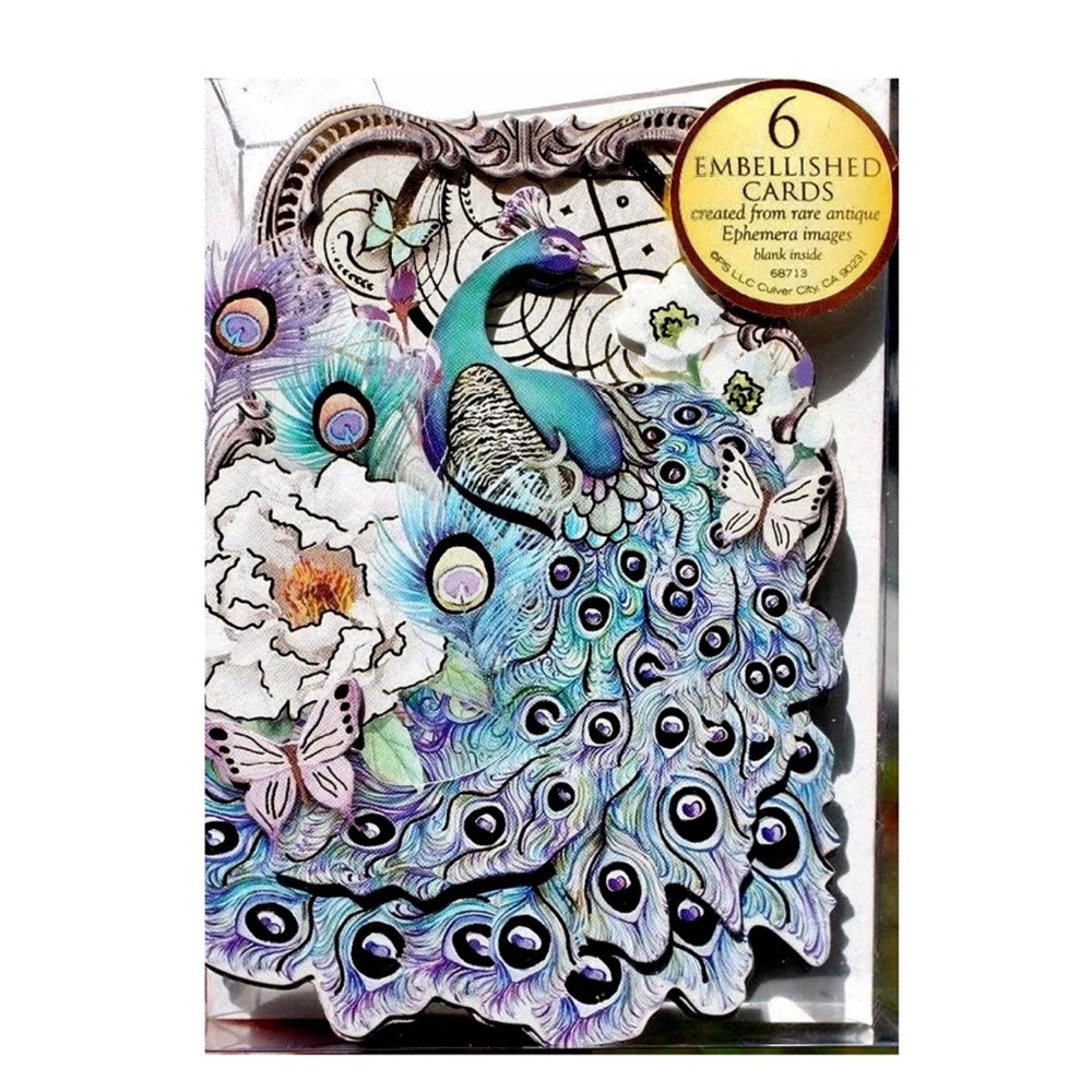 Punch Studio Fancy Peacock 3-D Die-Cut Embellished Note Cards & Env (68713), 6ct
